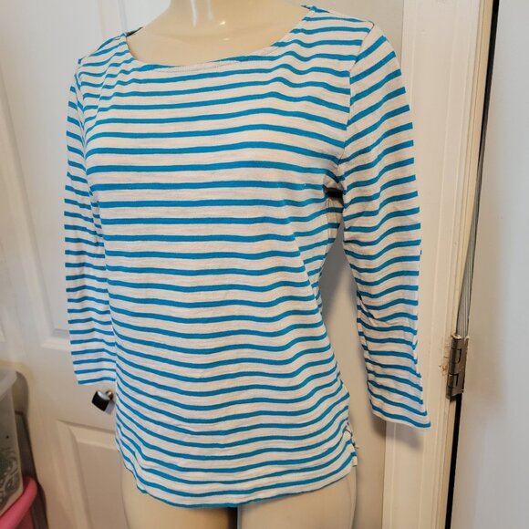 Forever 21 Turquoise Blue & White Stripe Pullover 3/4 Sleeve Top - Picture 3 of 9